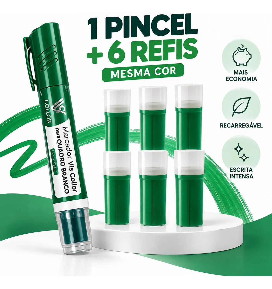 Pincel Marcador Quadro Branco Recarregável+6 Recargas Extras Verde
