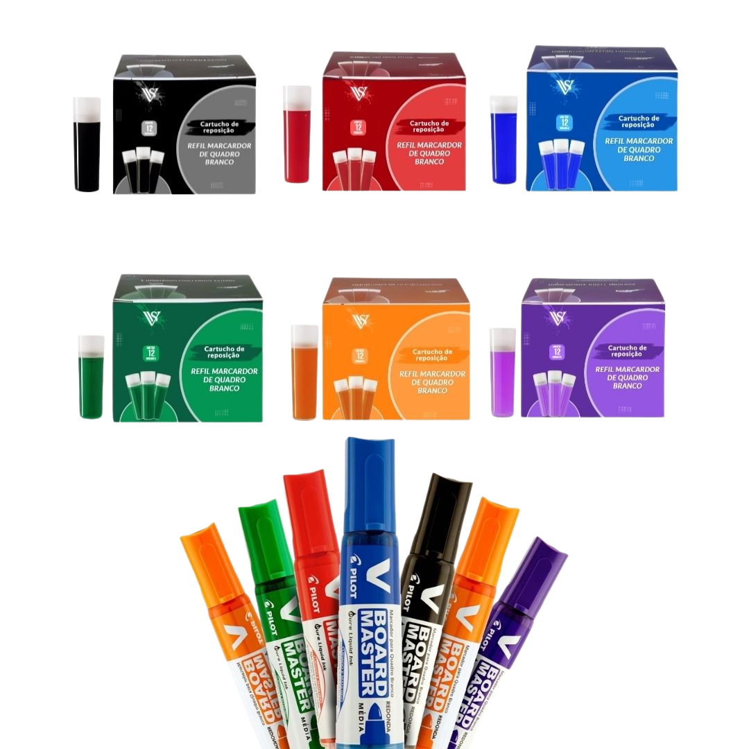 Kit 6 Pinceis Para Quadro Branco Recarregável + 72 Recargas