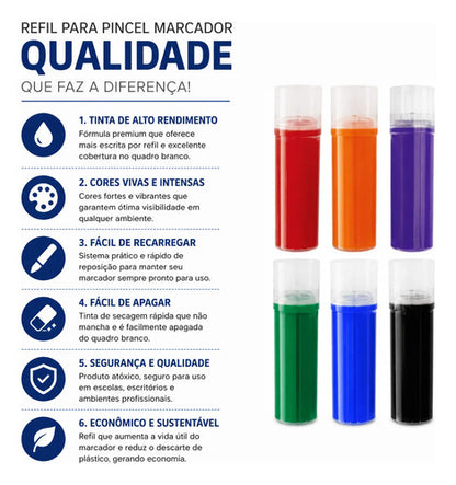 6 Pincel Canetão De Quadro Branco Lousa+ 6 Cargas + Brinde [preto, Azul, Vermelho]
