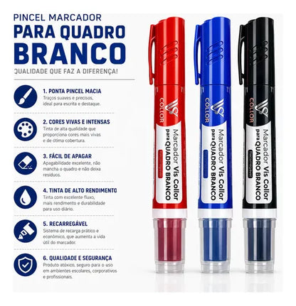 6 Pincel Canetão De Quadro Branco Lousa+ 6 Cargas + Brinde [preto, Azul, Vermelho]