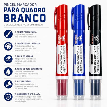 3 Píncel Marcador Recarregavel Para Quadro Braco Lousa Escola - Não Mancha