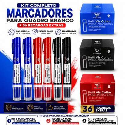 6 Marcador Pincel de Quadro Branco Lousa + 36 Recargas Extras -Qualidade Que Não Mancha