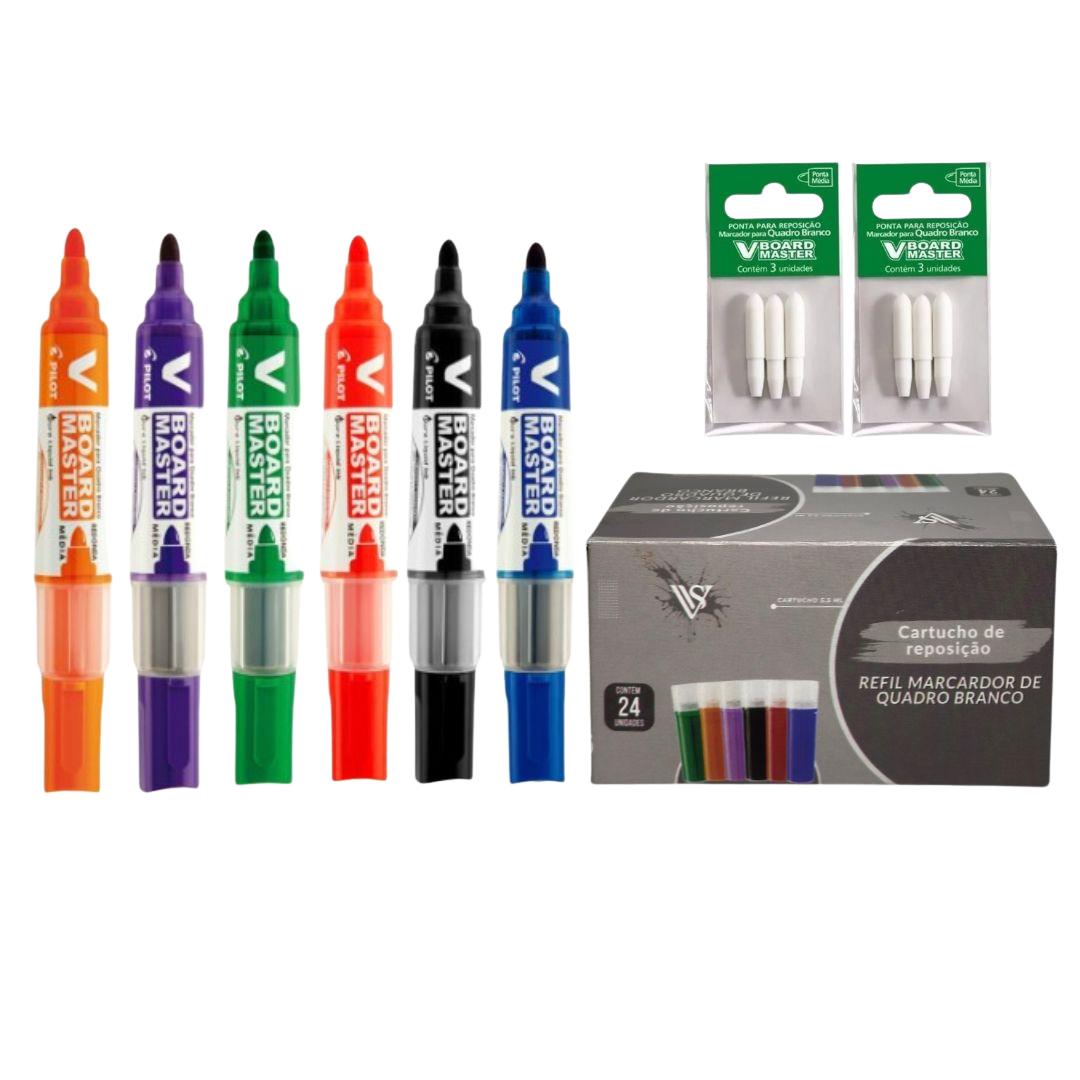 Combo 6 Pinceis Para Quadro Branco + 24 Recargas + 6 Pontas