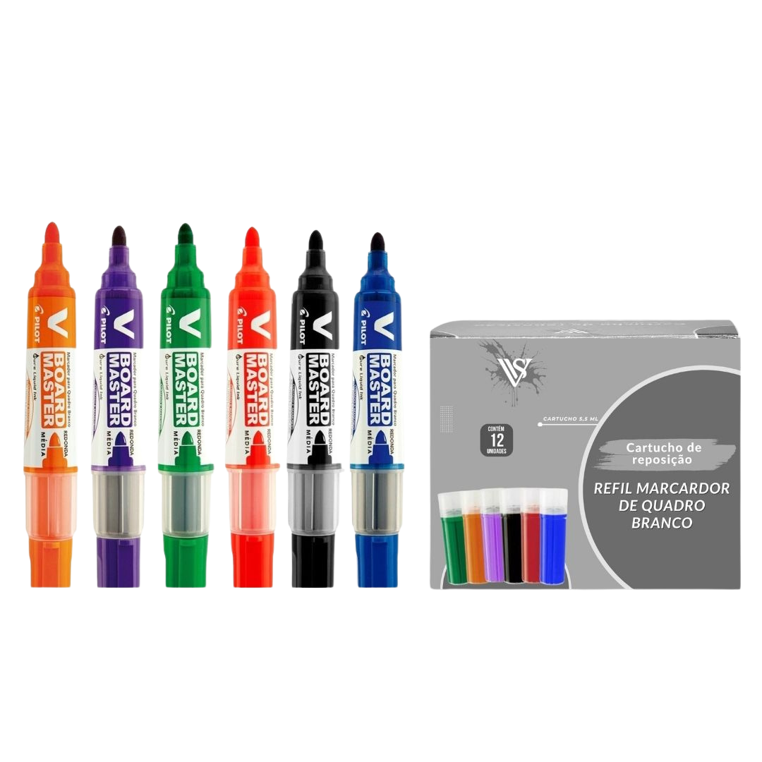 Combo 6 Pinceis Para Quadro Branco Recarregável + 12 Cargas