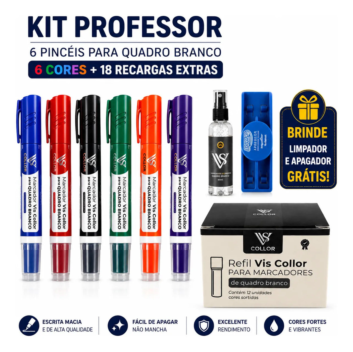 Pincel De Quadro Branco Lousa Tinta+ 12 Recargas  + Brinde Preto, Azul, Vermelho, Verde, Violeta, Laranja (cores Sortidas)