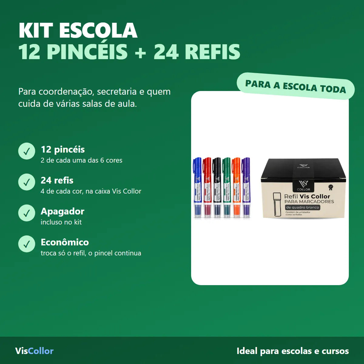Kit 12 Pincel Quadro Branco Recarregável + 24 Refis Apagador