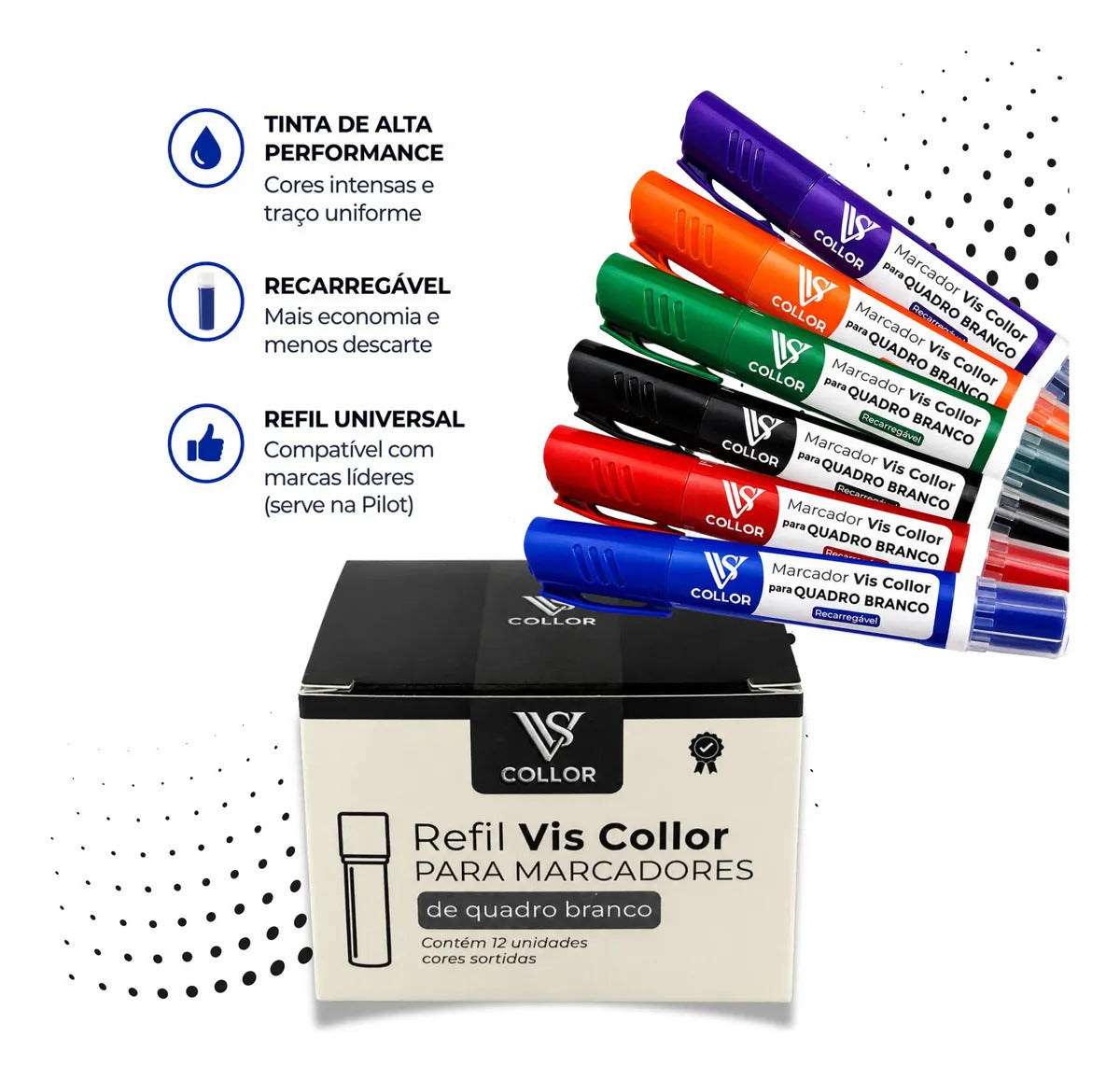 Kit 12 Refil Recarga + 6 Pincel Marcador Para Quadro Branco