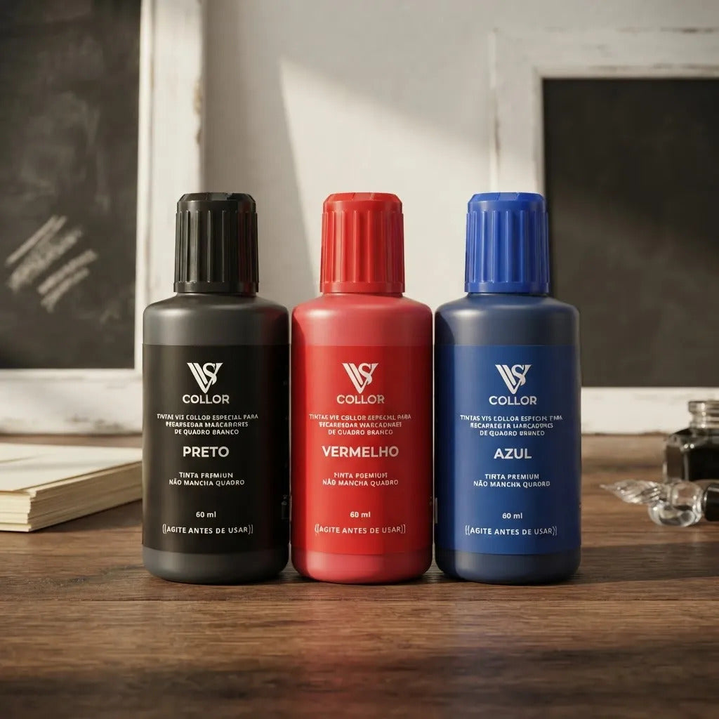 Tinta Premium Para Marcador De Quadro Branco Kit3 Nao Mancha Preto Azul Vermelho