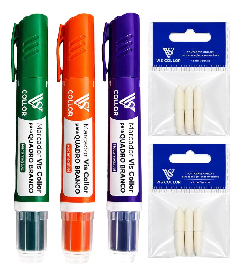 Kit 3 Marcadores De Quadro Branco + 6 Pontas Extras  Macias Verde-laranja-violeta