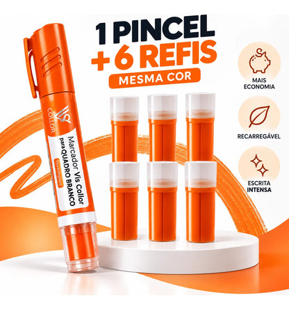 Pincel Marcador Quadro Branco Recarregável+6 Recargas Extras Laranja
