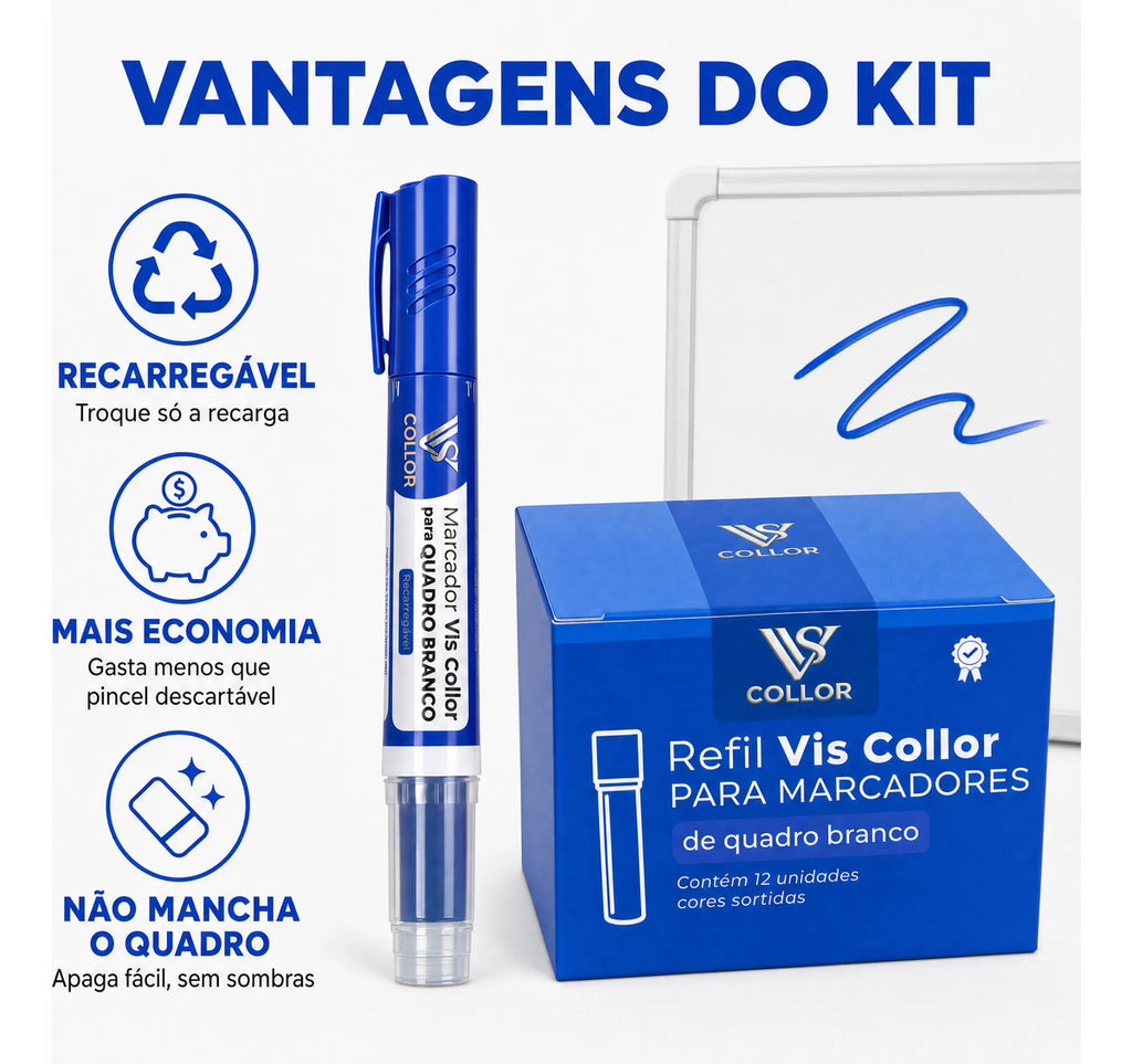 Pincel Quadro Branco Cores Vibrantes + 12 Recargas Mesma Cor