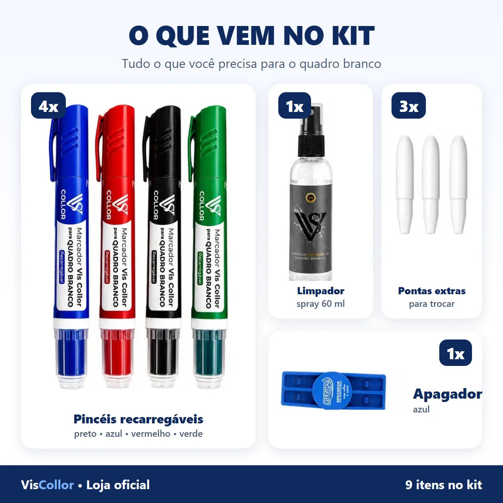 Kit Pincel Quadro Branco Recarregável 4 Cores + Apagador