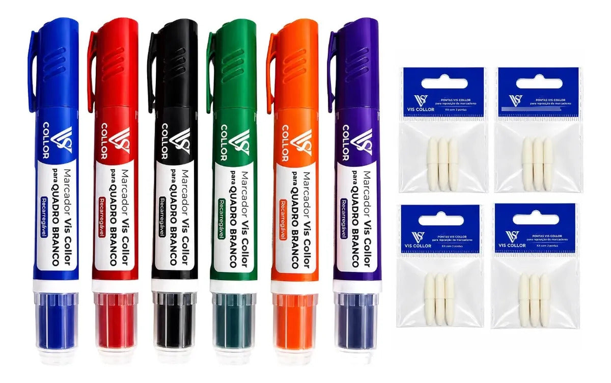 6 Pincel Marcador Quadro Branco Lousa Escola+6 Pontas Macias 6 Cores