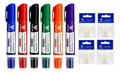 6 Pincel Marcador Quadro Branco Lousa Escola+6 Pontas Macias 6 Cores