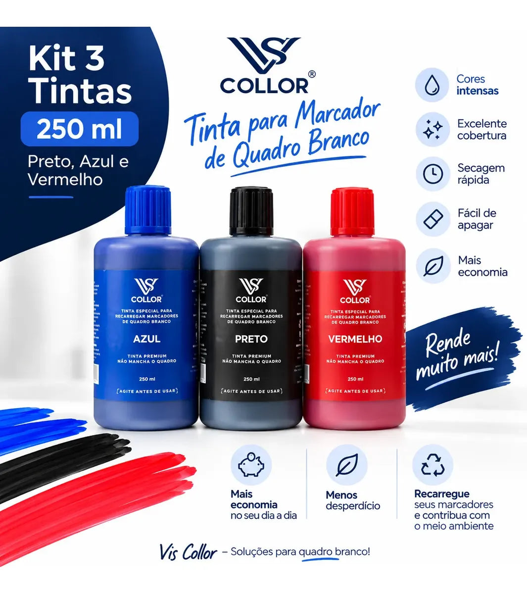 Kit 3 Tintas Vis Collor 250ml Recarga Pincel Quadro P Branco