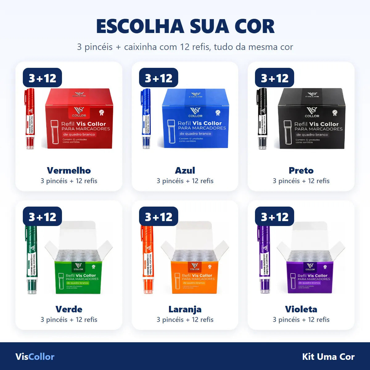 Kit 3 Pincel Quadro Branco + 12 Refil Mesma Cor