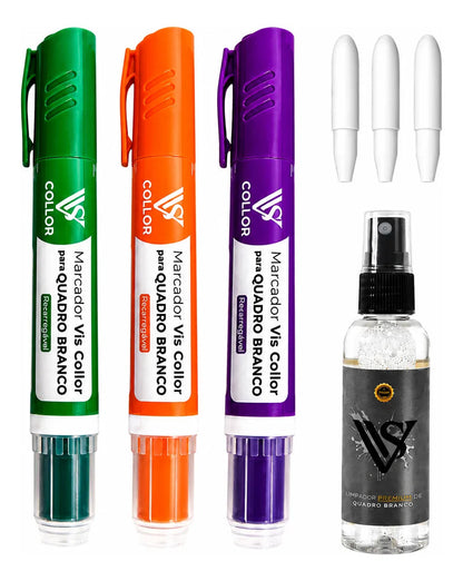 3 Pincel Marcador Quadro Branco Recarregável+pontas+limpador Verde -laranja- Violeta