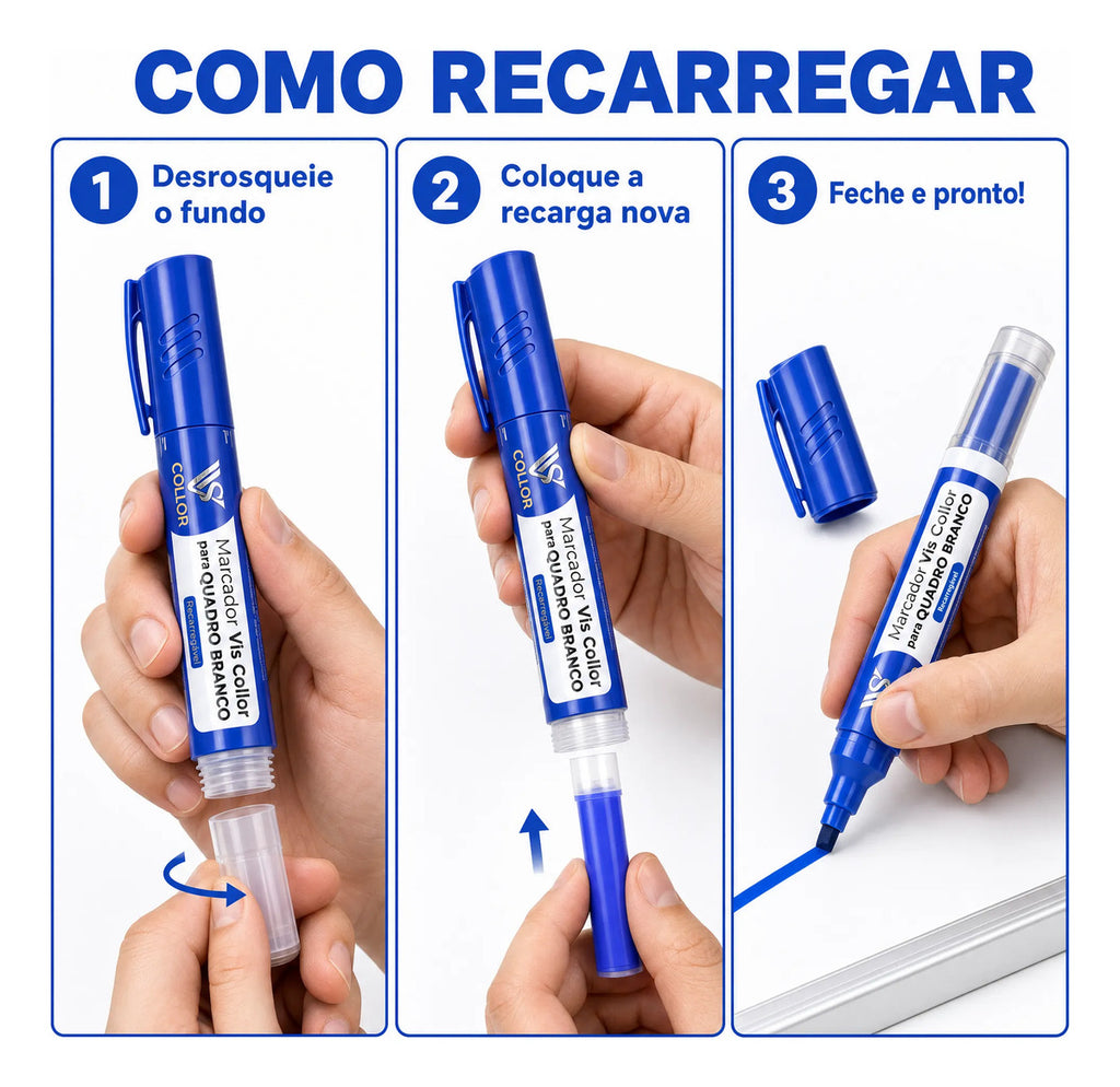 Kit Professor 6 Pincel Quadro Branco Recarregável Apagador