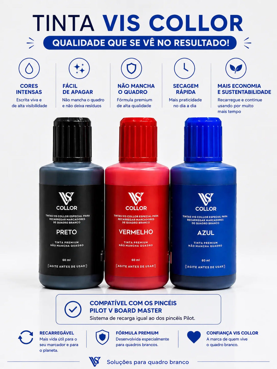 Pincel Marcador Quadro Branco Recarregável + Tinta 60ml Vis Azul