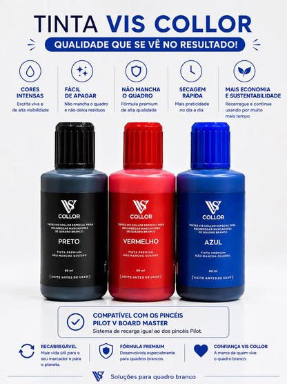 Pincel Marcador Quadro Branco Recarregável + Tinta 60ml Vis Azul