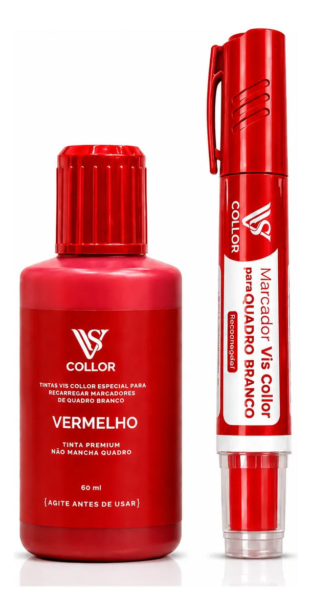 Pincel Marcador Quadro Branco Recarregável + Tinta 60ml Vis Vermelho