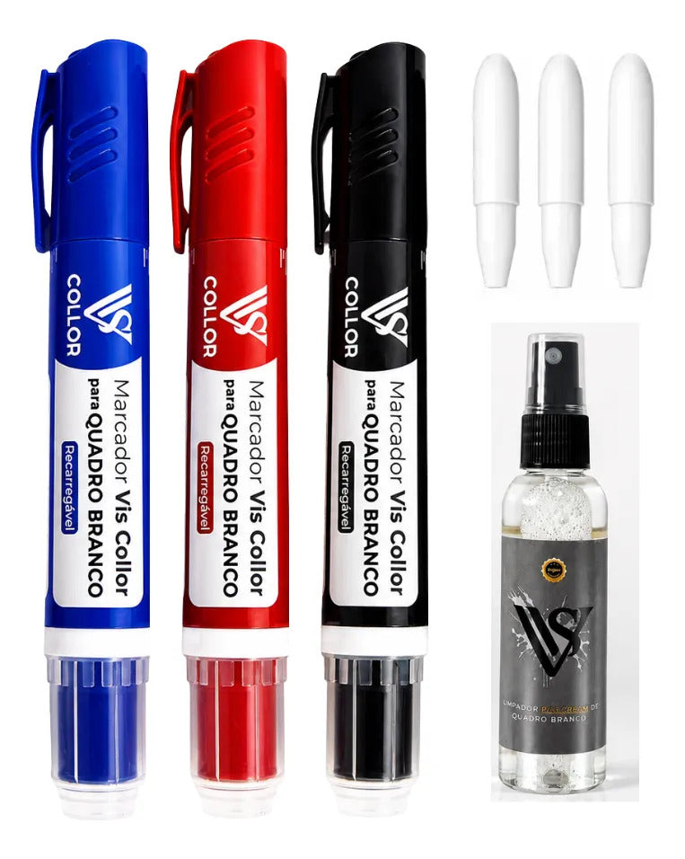 3 Pincel Marcador Quadro Branco Recarregável+pontas+limpador Preto-azul-vermelho