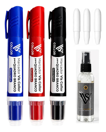 3 Pincel Marcador Quadro Branco Recarregável+pontas+limpador Preto-azul-vermelho