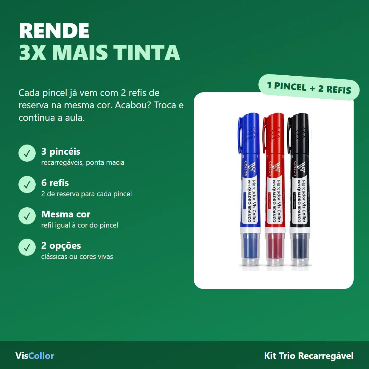 Kit 3 Pincel Quadro Branco Recarregável + 6 Refis
