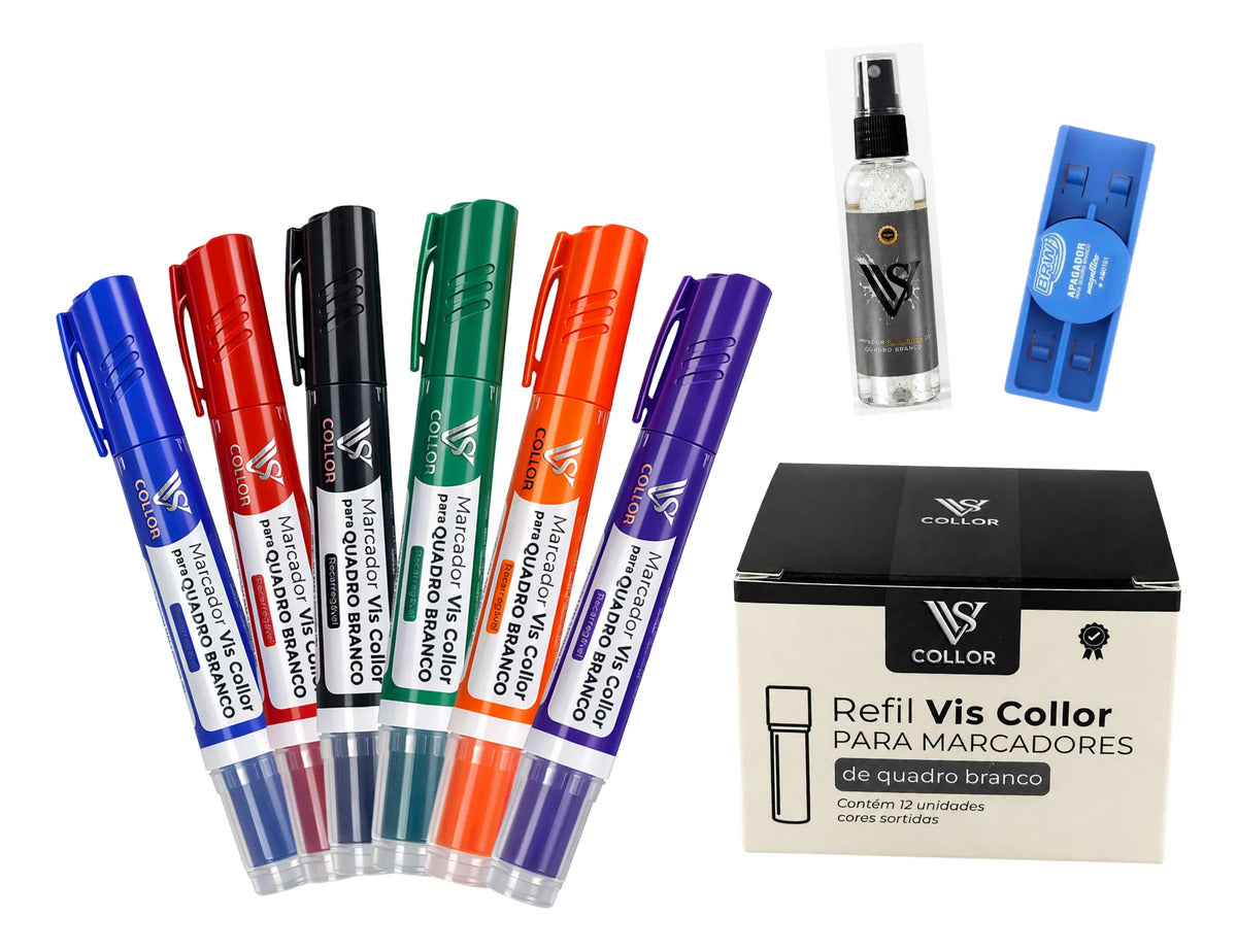 Pincel De Quadro Branco Lousa Tinta+ 12 Recargas  + Brinde Preto, Azul, Vermelho, Verde, Violeta, Laranja (cores Sortidas)