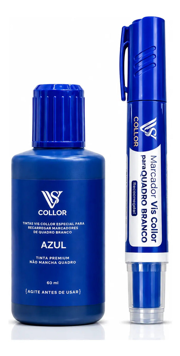 Pincel Marcador Quadro Branco Recarregável + Tinta 60ml Vis Azul