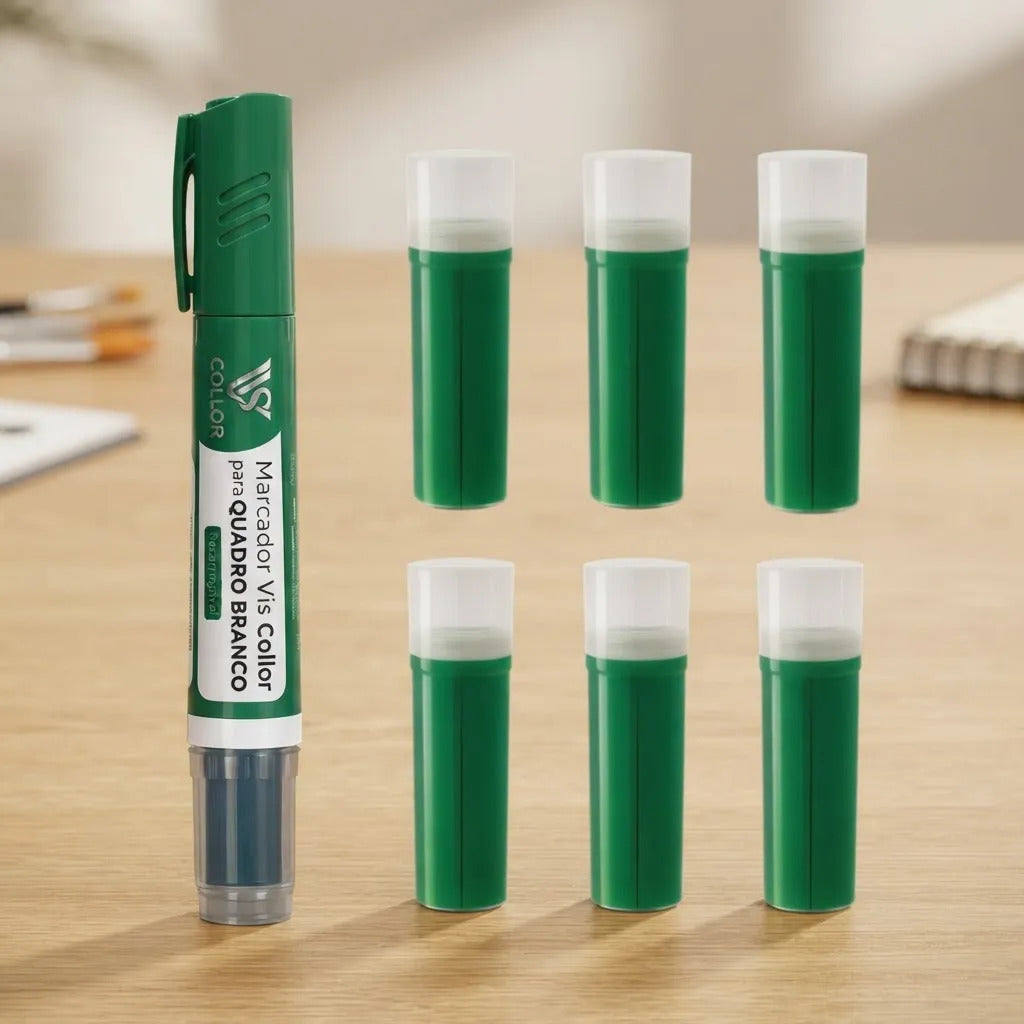 Pincel Marcador Quadro Branco Recarregável+6 Recargas Extras Verde