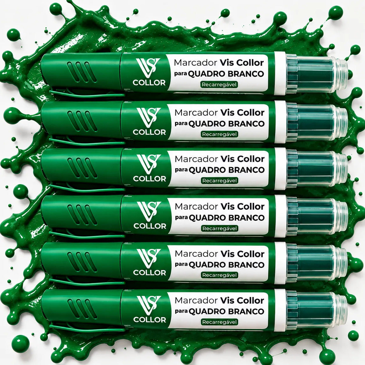 Kit 6 Marcadores Pincel Viscollor Recarregável Quadro Branco Verde