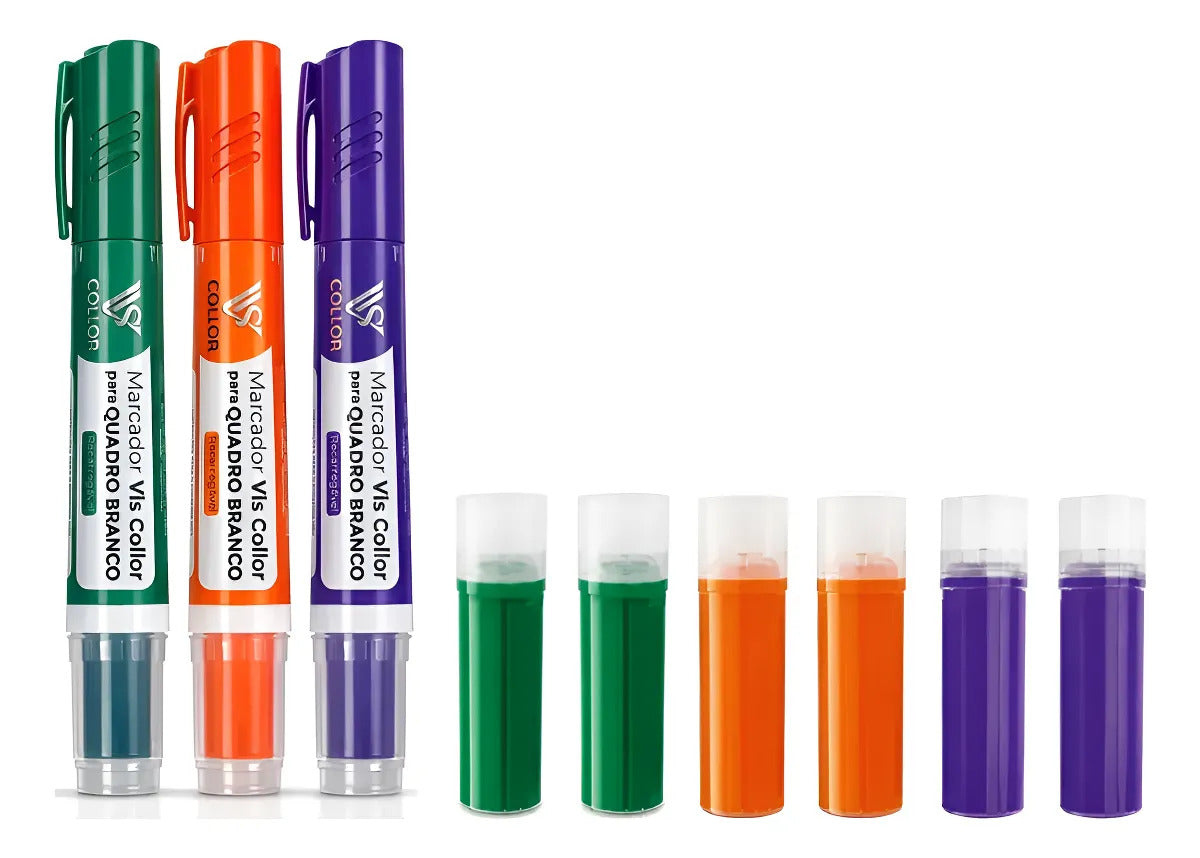 Kit 3 Pincel Quadro Branco Recarregável + 6 Refis