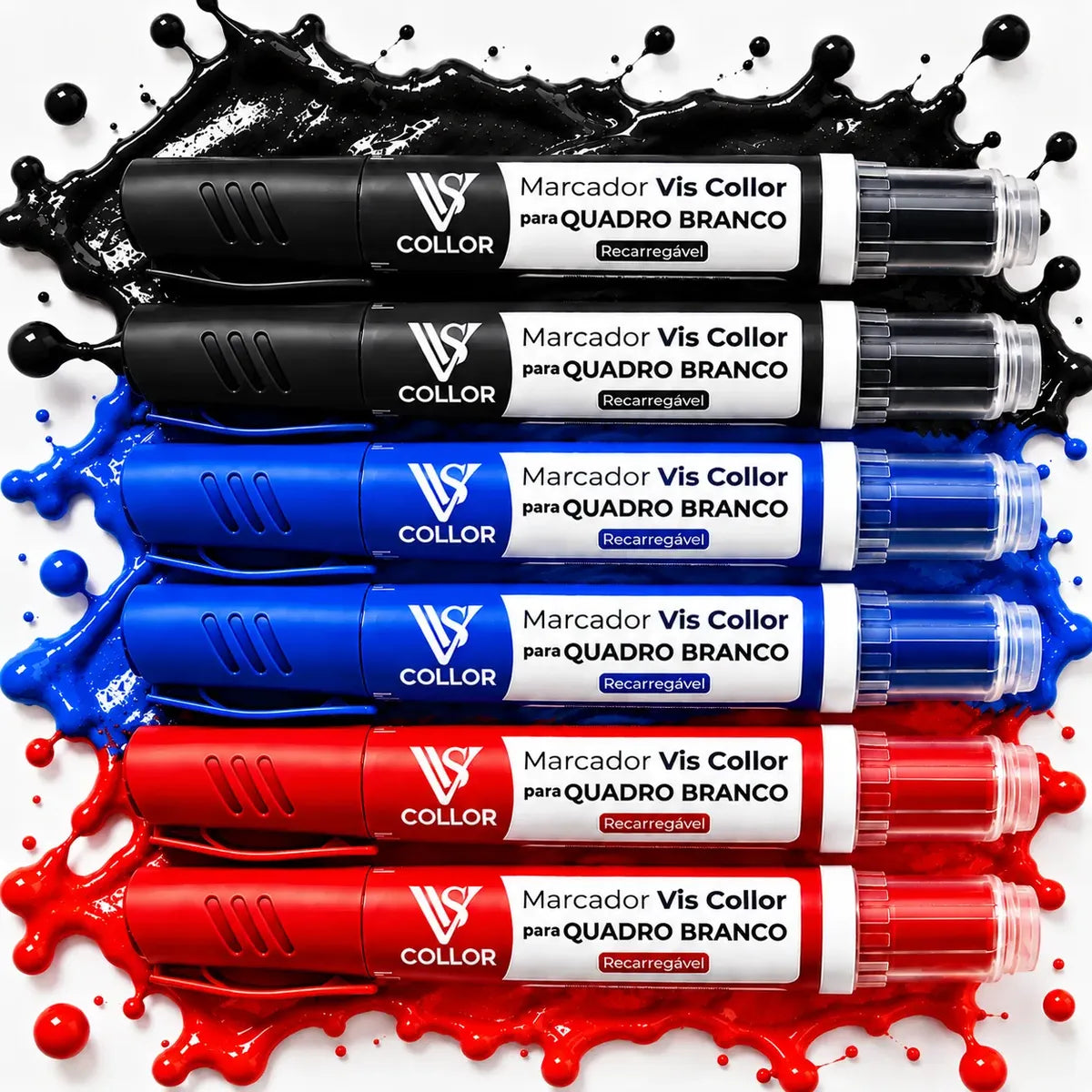 Kit 6 Marcadores Pincel Viscollor Recarregável Quadro Branco 2pretos 2azuis 2vermelhos