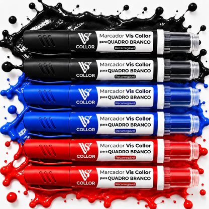 Kit 6 Marcadores Pincel Viscollor Recarregável Quadro Branco 2pretos 2azuis 2vermelhos