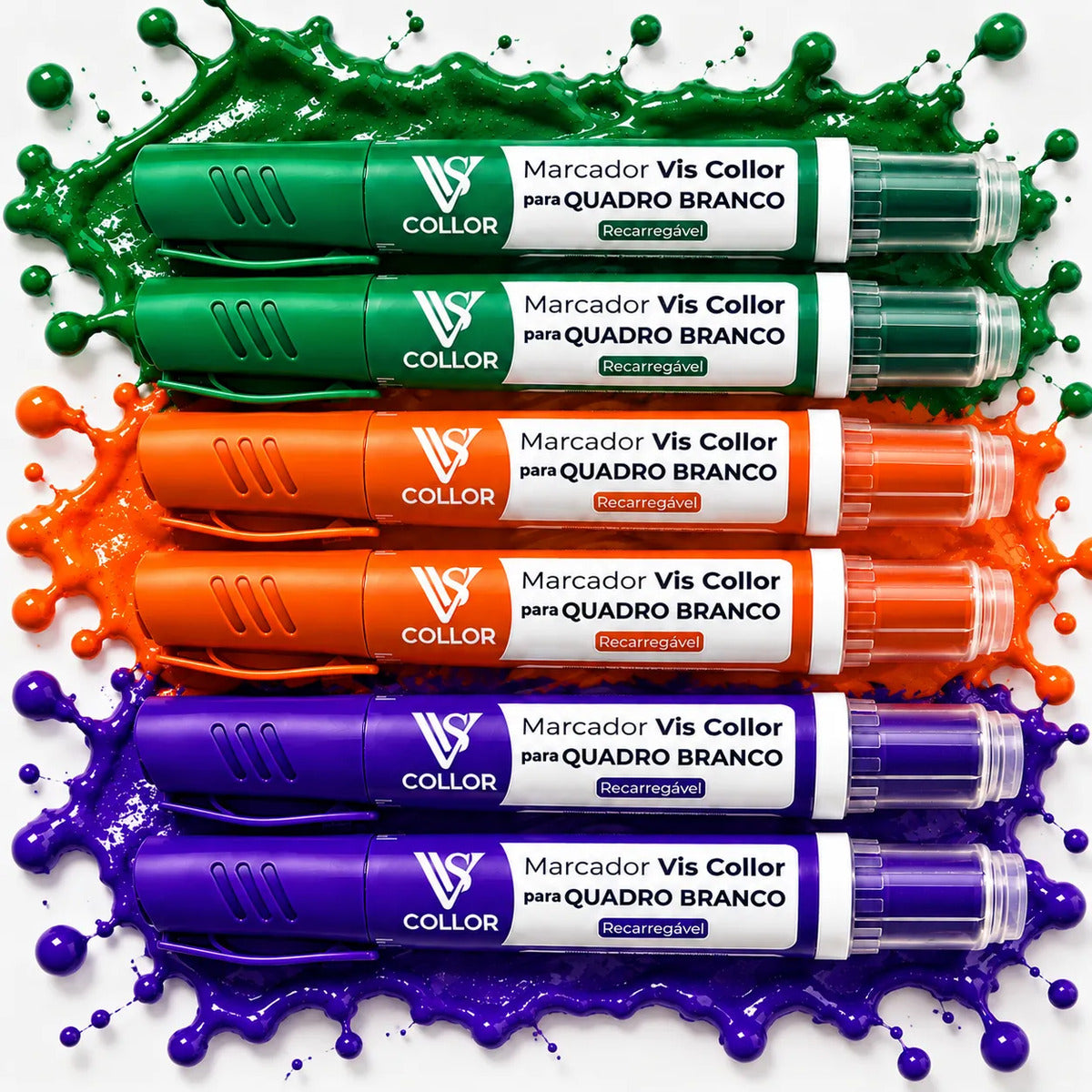 Kit 6 Marcadores Pincel Viscollor Recarregável Quadro Branco 2verdes 2laranjas 2violetas