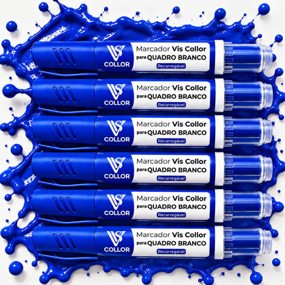 Kit 6 Marcadores Pincel Viscollor Recarregável Quadro Branco Azul