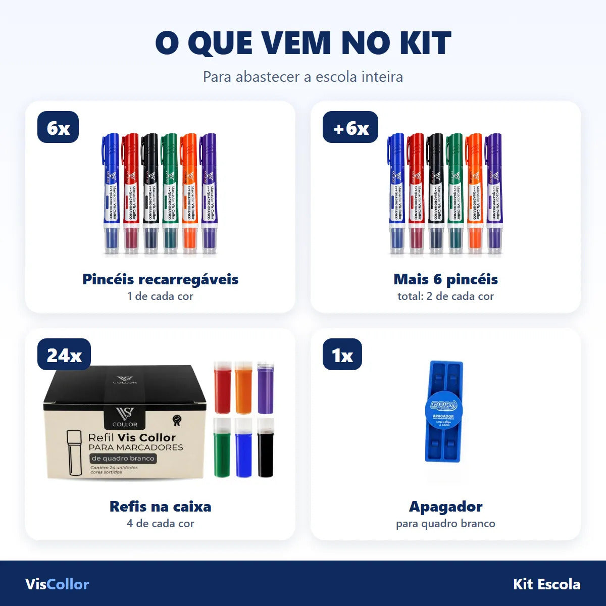 Kit 12 Pincel Quadro Branco Recarregável + 24 Refis Apagador