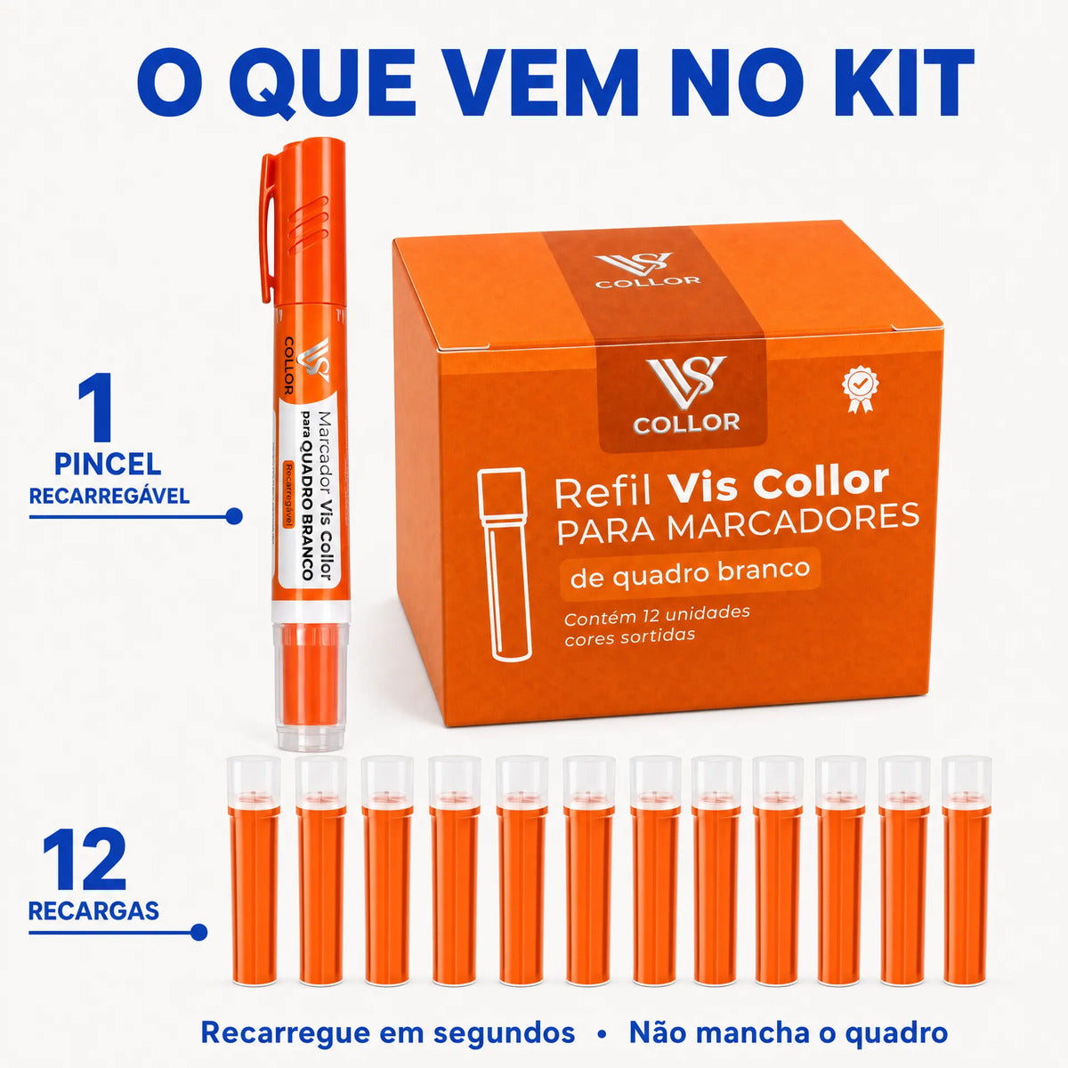 Pincel Quadro Branco Cores Vibrantes + 12 Recargas Mesma Cor