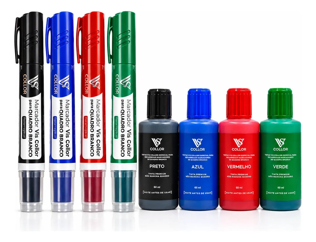 Kit 4 Pincel Quadro Branco + 4 Tintas 60ml Mesma Cor Recarga