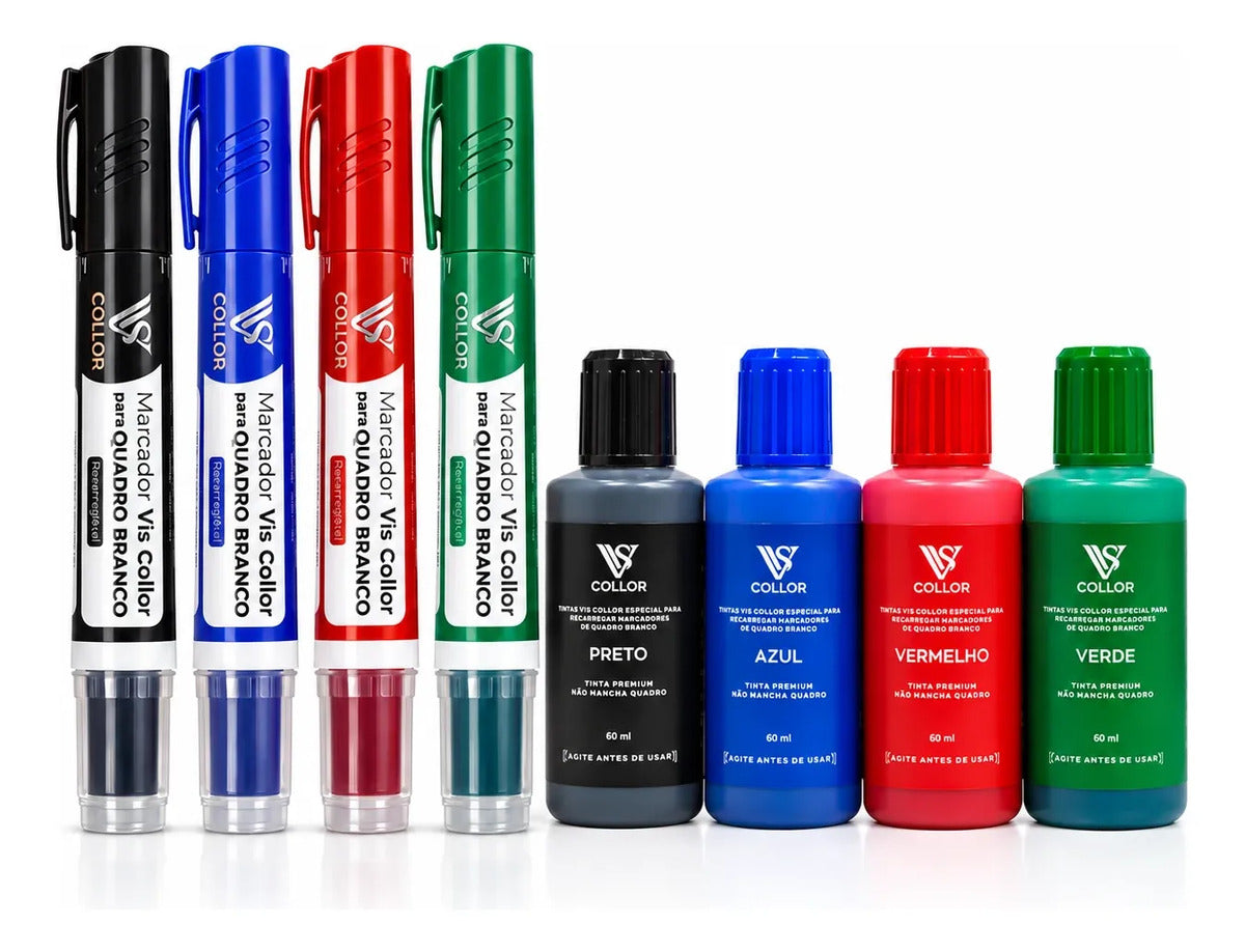 Kit 4 Pincel Quadro Branco + 4 Tintas 60ml Mesma Cor Recarga