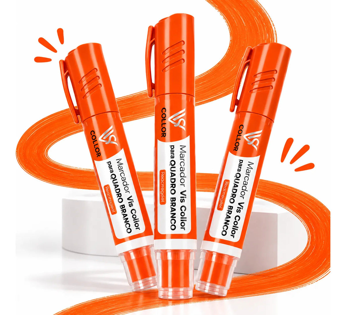 Marcador Canetão Para Quadro Branco Recarregavel  Kit 3 Laranja