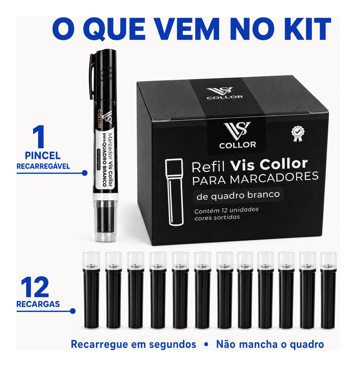 Pincel Quadro Branco Recarregável + 12 Recargas Não Mancha