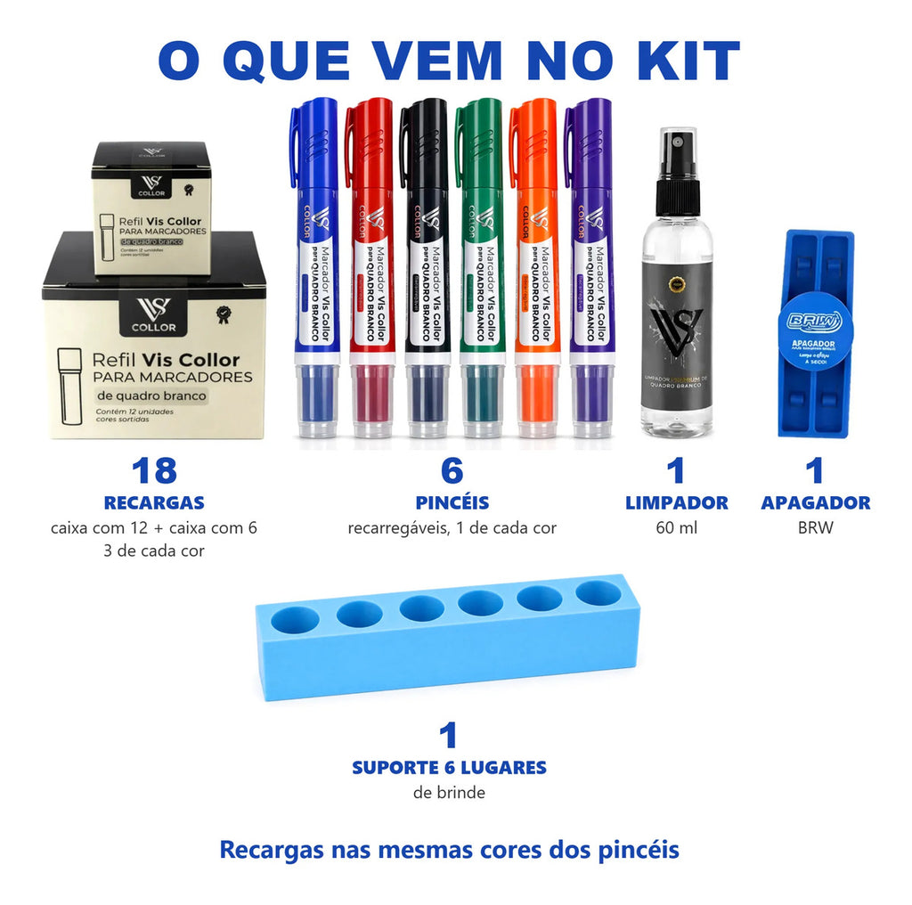 Pincel Quadro Branco Kit Professor 18 Recargas Suporte