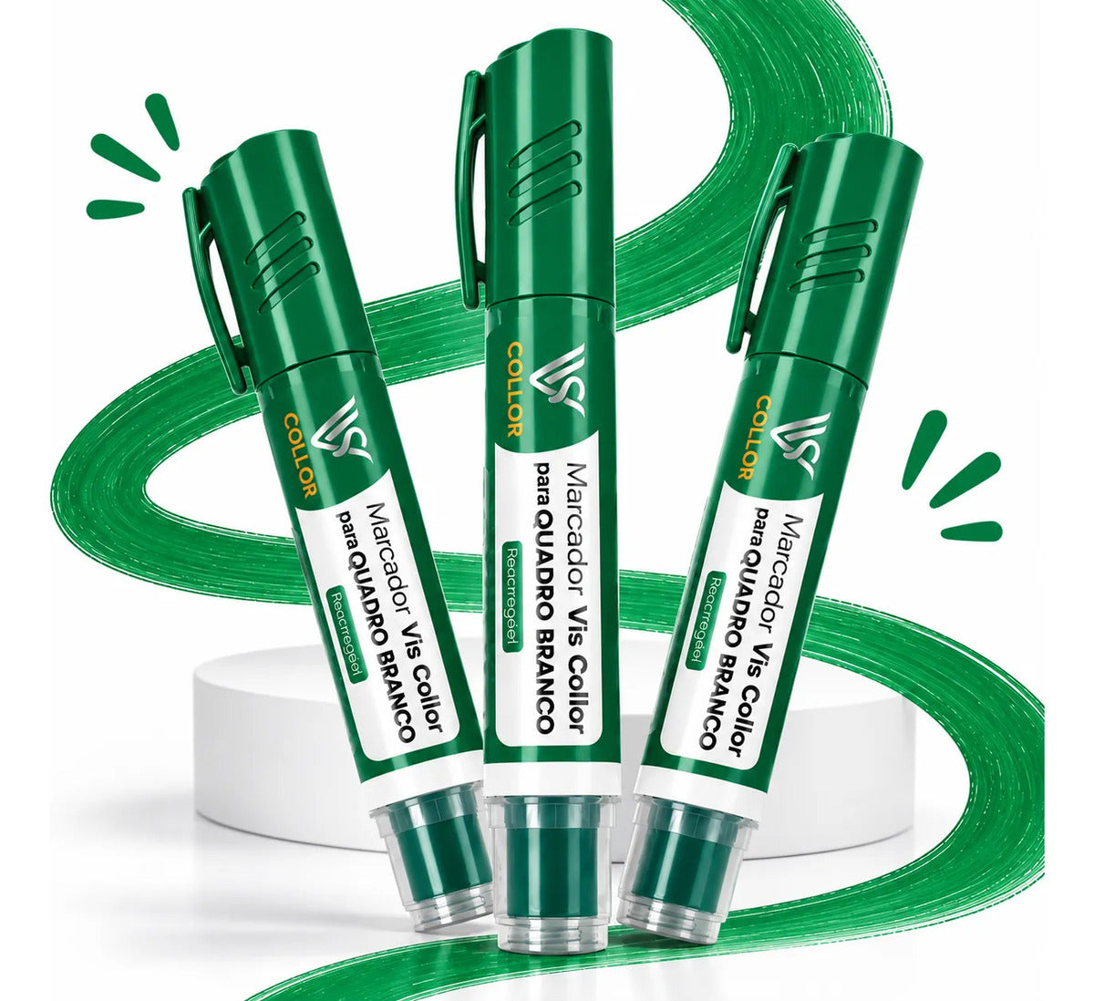 Marcador Canetão Para Quadro Branco Recarregavel  Kit 3 Verde