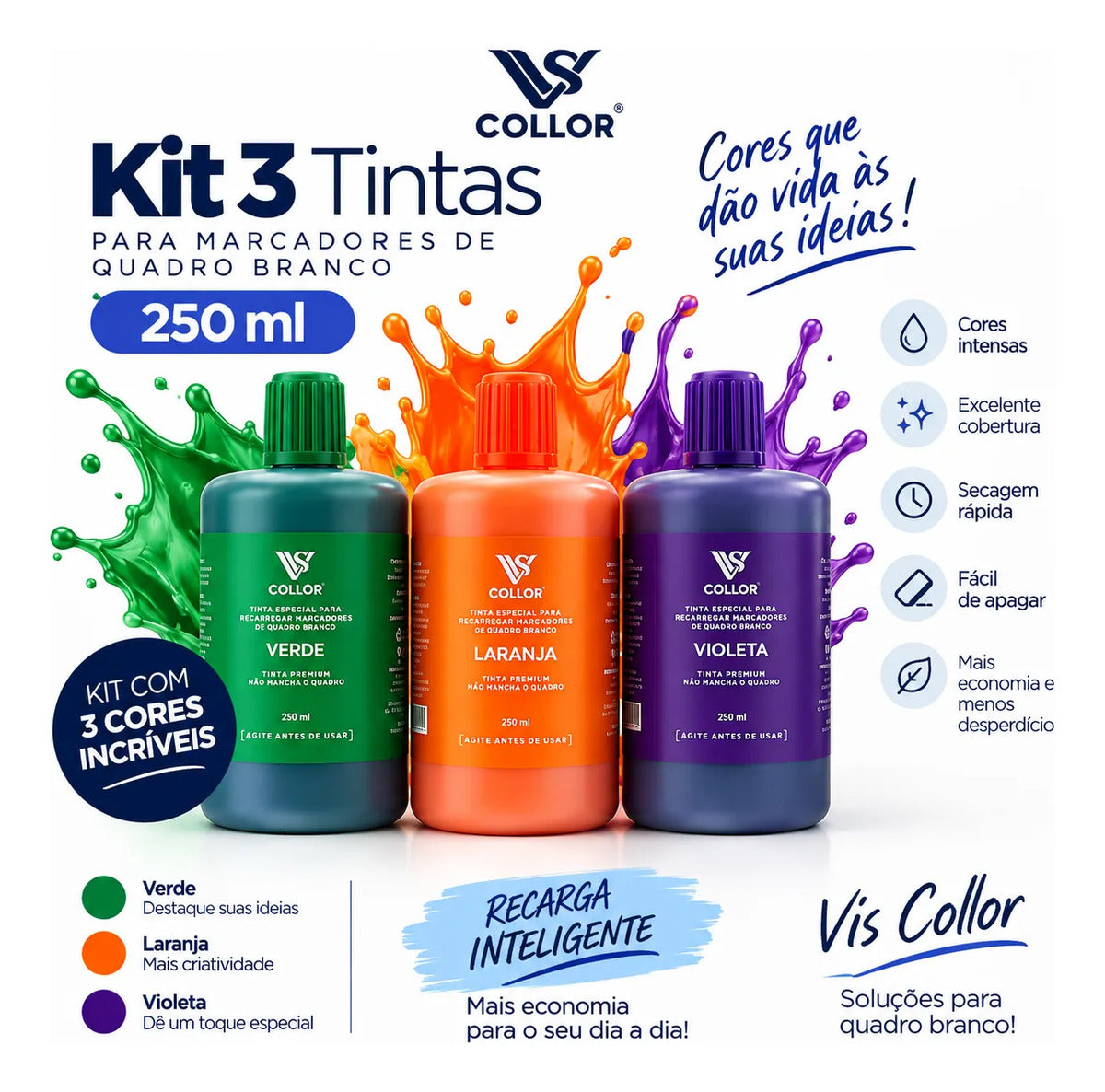Kit 3 Tintas Vis Collor 250ml Recarga Pincel Quadro P Branco