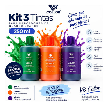 Kit 3 Tintas Vis Collor 250ml Recarga Pincel Quadro P Branco