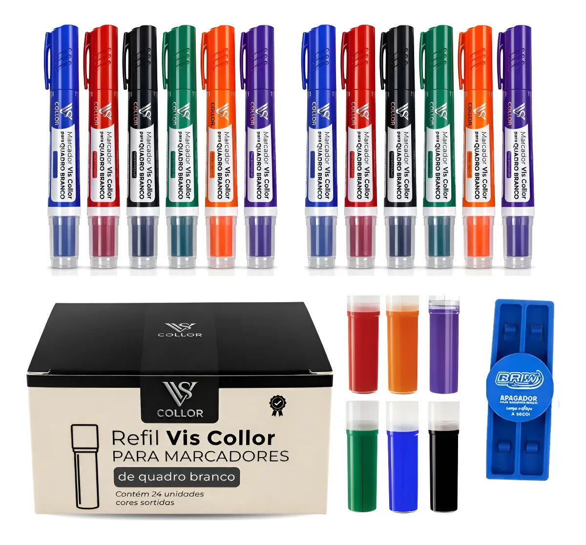 Kit 12 Pincel Quadro Branco Recarregável + 24 Refis Apagador