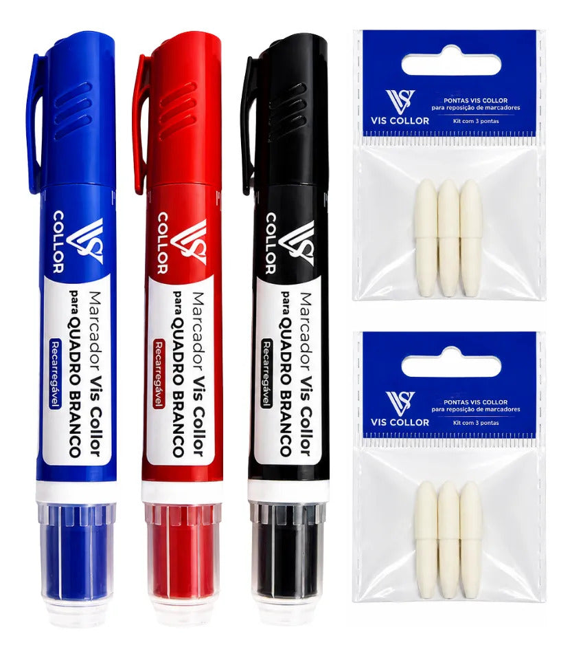 Kit 3 Marcadores De Quadro Branco + 6 Pontas Extras  Macias Preto-azul-vermelho