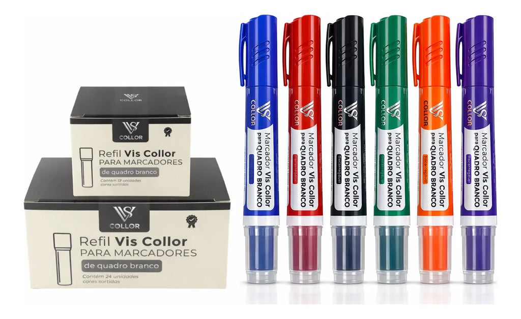 Combo 6 Pinceis Para Quadro Branco Recarregável + 36 Cargas 6 Cores (azul, Vermelho, Preto, Verde, Laranja, Roxo)